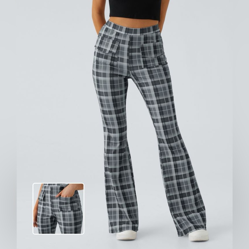 HALARA Black and White Plaid Flare Pants